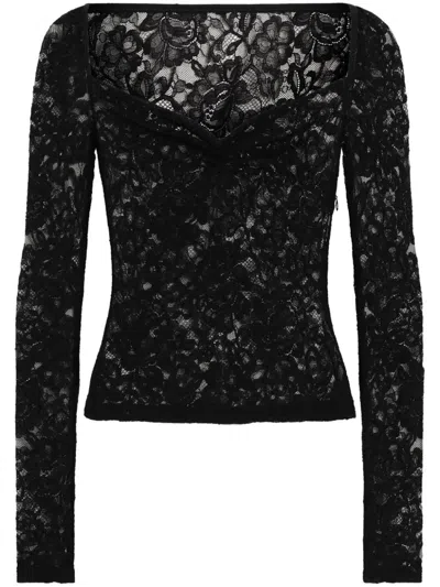 Dolce & Gabbana Floral-lace Sweetheart-neck Top In Black