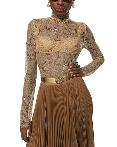 Dolce & Gabbana Floral Lace Turtleneck Blouse In Brown