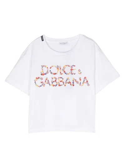 Dolce & Gabbana Kids' Floral Logo-print Cotton T-shirt In Weiss