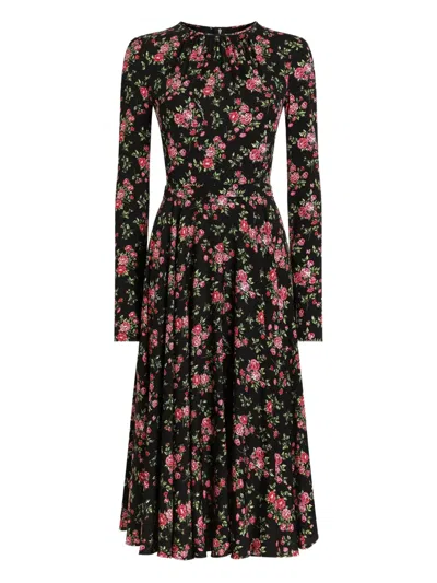 Dolce & Gabbana Floral Long-sleeve Midi Dress In Black