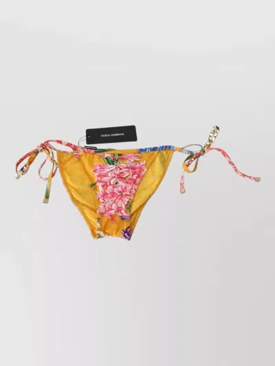 Dolce & Gabbana Floral Low Rise Bikini Bottom Gold Detail In Yellow