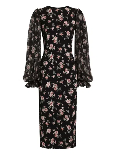 Dolce & Gabbana Women Black Dress With Round Neckline And All-over Floral Motif In Silk Blend Woman