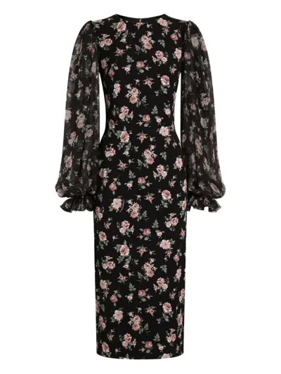 Dolce & Gabbana Women Black Dress With Round Neckline And All-over Floral Motif In Silk Blend Woman