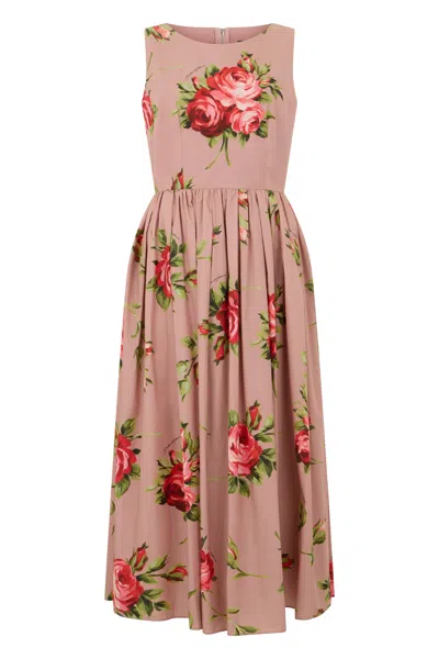 Dolce & Gabbana Floral Midi Dress In Cotton In Brown