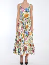 Dolce & Gabbana Printed Poplin Long Dress In Mix Fiori Fdo Bianco