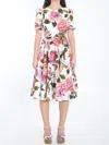 Dolce & Gabbana White Midi Dress With Floral Print And Flared Skirt In Multicolor