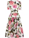 Dolce & Gabbana White Midi Dress With Floral Print And Flared Skirt In Multicolour