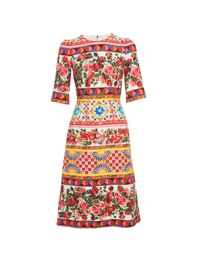 Pre-owned Dolce & Gabbana Floral Midi Dress In White