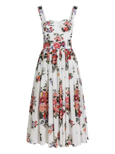 Dolce & Gabbana White Cotton Midi Dress With Floral Print Dolce E Gabbana In Multi