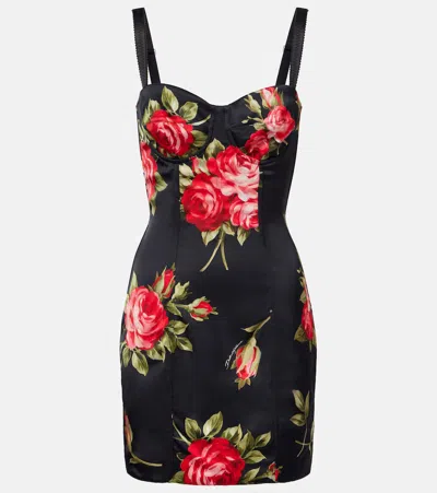 Dolce & Gabbana Black Short Dress With Floral Print In Viscose Woman