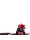 Dolce & Gabbana Rose Embellished Printed Flat Sandals In Black