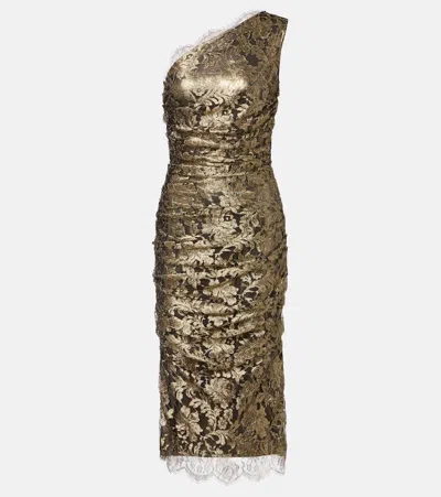 Dolce & Gabbana Floral One-shoulder Lace Midi Dress In Gold