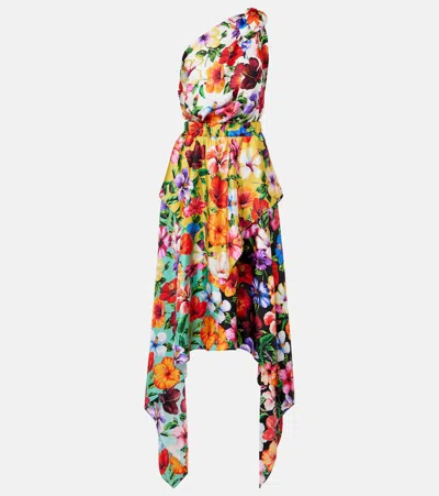 Dolce & Gabbana Floral One-shoulder Silk Midi Dress In Multi
