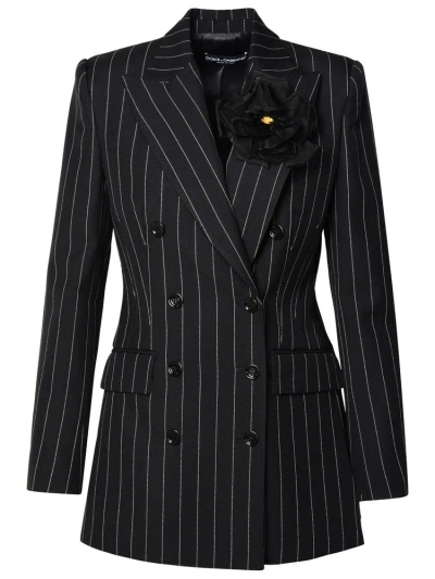 Dolce & Gabbana Floral Patch Pinstriped Tailored Blazer In Black