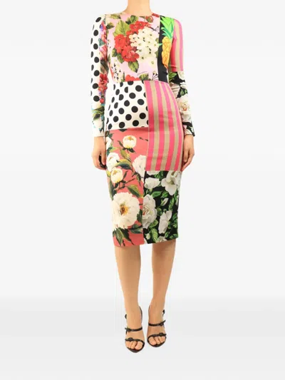 Pre-owned Dolce & Gabbana Floral Patchwork Midi Dress In Pink