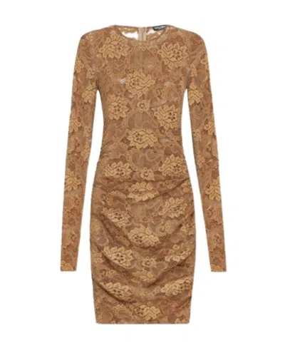 Dolce & Gabbana Short Floral Lace Dress In Beige