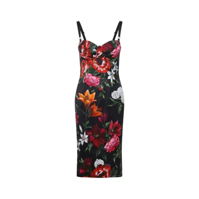 Dolce & Gabbana Floral Pattern Midi Dress With Sweetheart Neckline In Black
