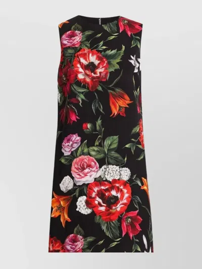 Dolce & Gabbana Floral-pattern Mini Dress Round Neckline In Black