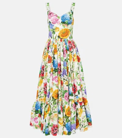 Dolce & Gabbana Floral Pleated Cotton Bustier Dress In Multicoloured