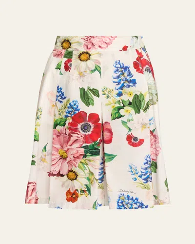 Dolce & Gabbana Floral Poplin Pleated Bermuda Shorts In White Floral