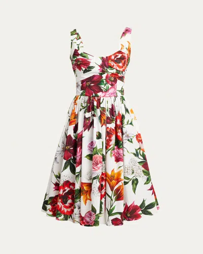 DOLCE & GABBANA FLORAL POPLIN PLEATED BUST FIT-&-FLARE DRESS