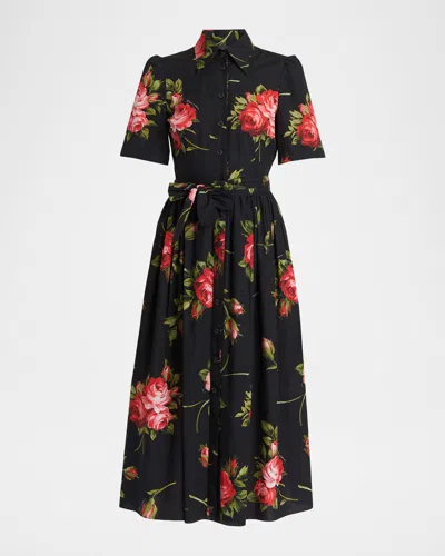 Dolce & Gabbana Floral Poplin Short-sleeve Belted Midi Shirtdress In Multi