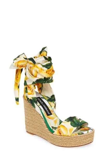 Dolce & Gabbana Dolce&gabbana Floral Print Ankle Tie Wedge Sandal In Yellow