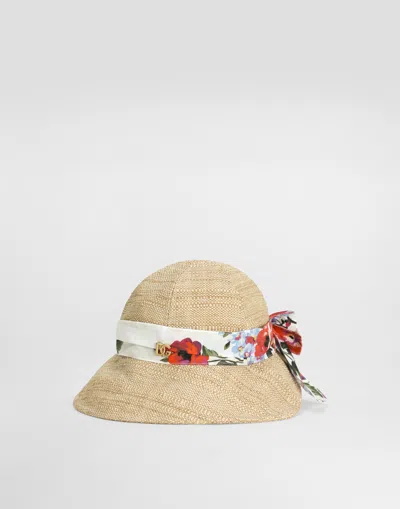 Dolce & Gabbana Kids' Floral-print Band Raffia Hat In Brown
