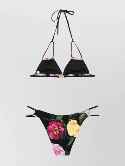 Dolce & Gabbana Floral Print Bikini Set With Triangle Top In Black