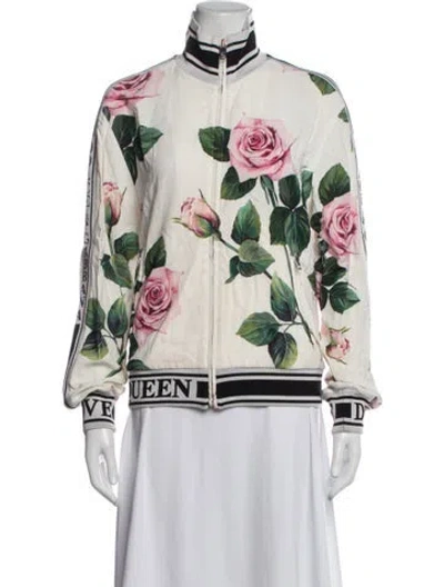 Pre-owned Dolce & Gabbana Floral Print Bomber Jacket In White