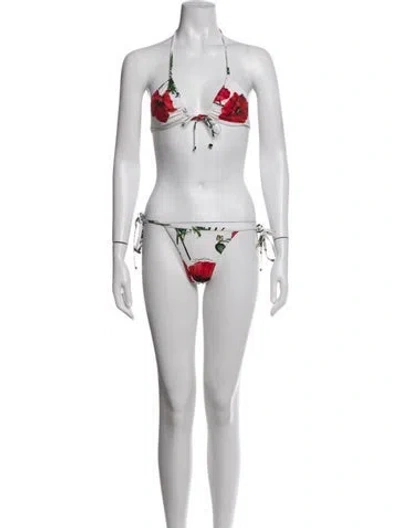 Pre-owned Dolce & Gabbana Floral Print Bow Accents Bikini In White