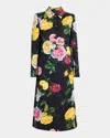Dolce & Gabbana Calf-length Cady Shirt Dress With Peony And Rose Print In Blkmixflow