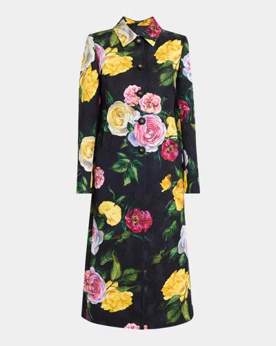 DOLCE & GABBANA FLORAL-PRINT BROCADE SINGLE-BREASTED LONG COAT