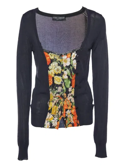 Pre-owned Dolce & Gabbana Floral-print Cardigan In Black