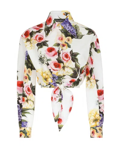 DOLCE & GABBANA DOLCE  GABBANA GARDEN-PRINTED PUSSY-BOW DETAILED POPLIN SHIRT