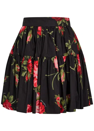 Dolce & Gabbana Mini Skirt With Rose Bouquet Print And Peplum Detail, Size 40 In Black