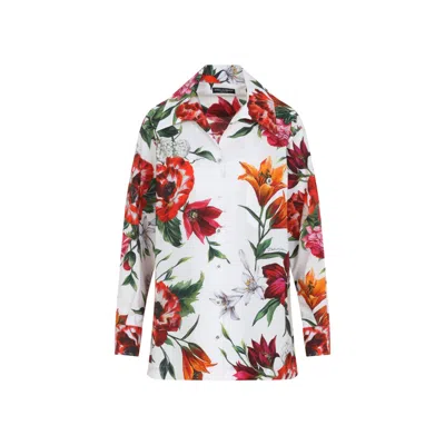 Dolce & Gabbana Floral Print Cotton Shirt With Classic Collar In Multi