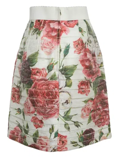 Pre-owned Dolce & Gabbana Floral-print Crepe Skirt In White