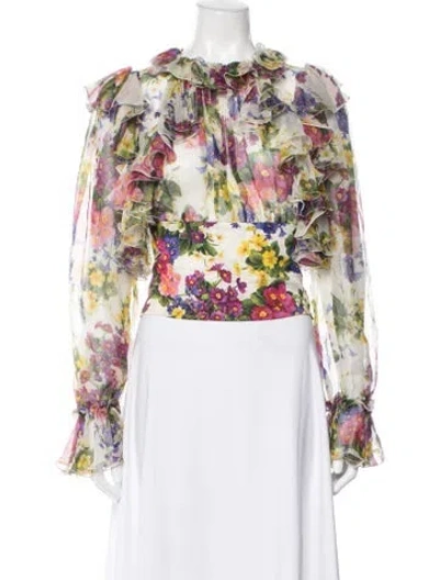 Pre-owned Dolce & Gabbana Floral Print Crew Neck Blouse In White