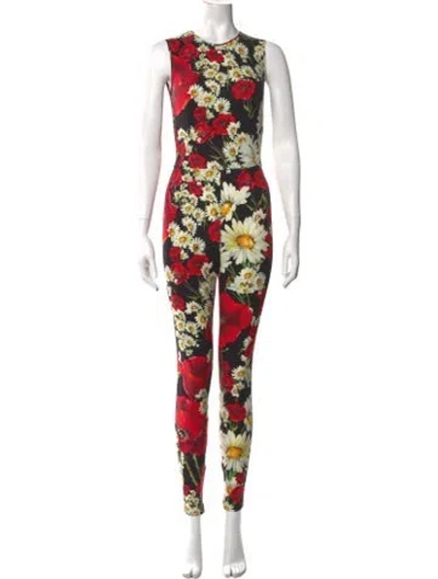 Pre-owned Dolce & Gabbana Floral Print Crew Neck Jumpsuit W/ Tags In Black