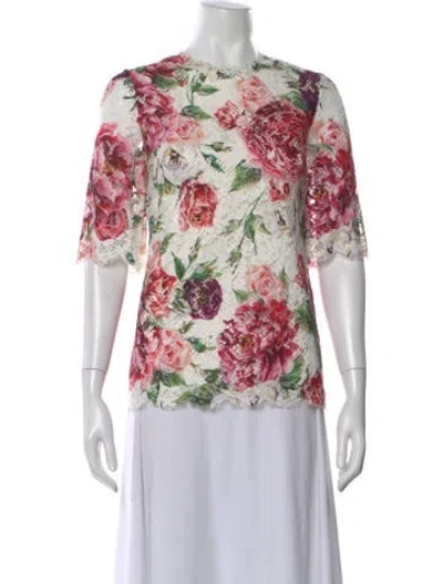 Pre-owned Dolce & Gabbana Floral Print Crew Neck Top W/ Tags In White