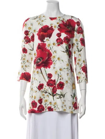 Pre-owned Dolce & Gabbana Floral Print Crew Neck Tunic In White