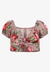 Dolce & Gabbana Women Pink Crop Top With Floral Print And Double Knot In Cotton Woman In Multi