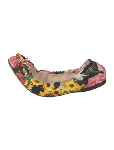 Pre-owned Dolce & Gabbana Floral Print Crystal Embellishments Ballet Flats In Yellow