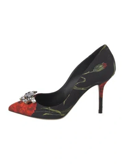Pre-owned Dolce & Gabbana Floral Print Crystal Embellishments Pumps W/ Tags In Black