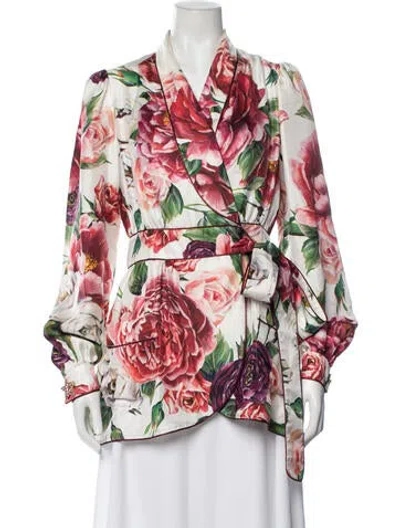 Pre-owned Dolce & Gabbana Floral Print Crystal Embellishments Robe In White