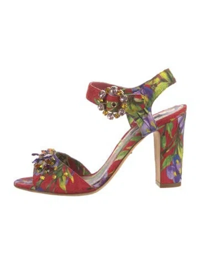 Pre-owned Dolce & Gabbana Floral Print Crystal Embellishments Sandals In Red