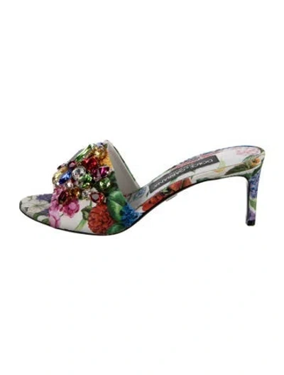Pre-owned Dolce & Gabbana Floral Print Crystal Embellishments Slides In Silver