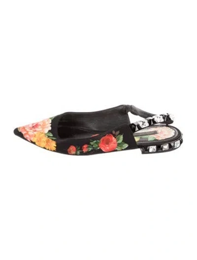 Pre-owned Dolce & Gabbana Floral Print Crystal Embellishments Slingback Flats In Black