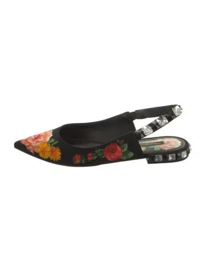 Pre-owned Dolce & Gabbana Floral Print Crystal Embellishments Slingback Flats In Black